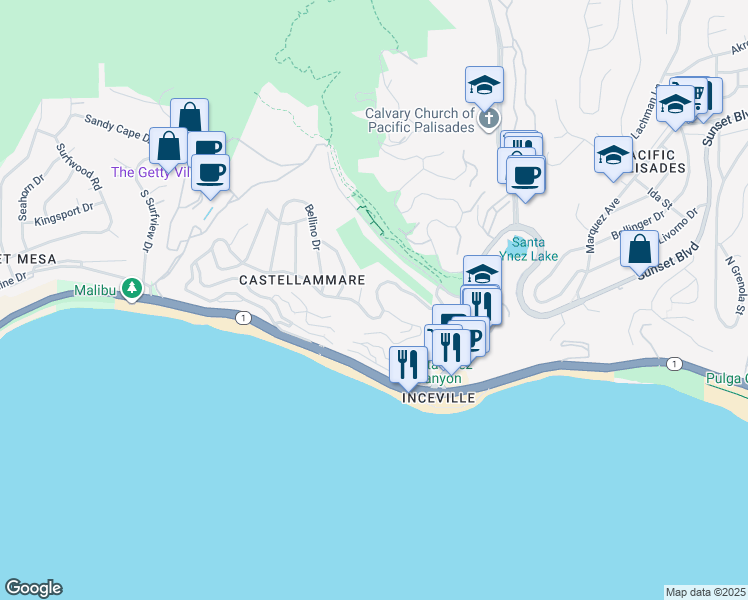 map of restaurants, bars, coffee shops, grocery stores, and more near 17463 Tramonto Drive in Los Angeles