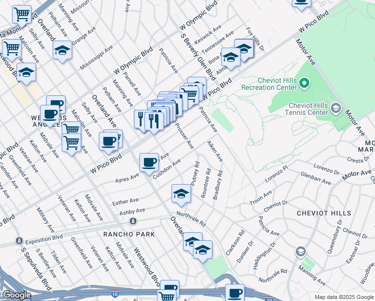 map of restaurants, bars, coffee shops, grocery stores, and more near 10559 Cushdon Avenue in Los Angeles