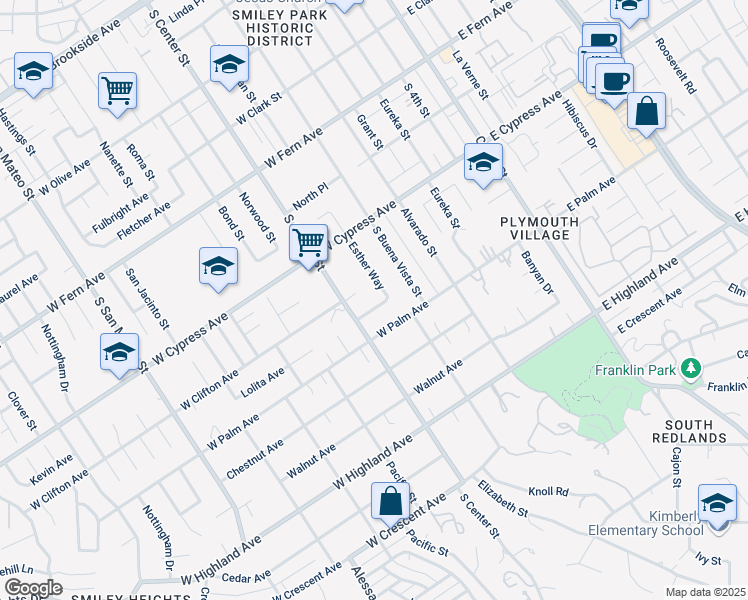 map of restaurants, bars, coffee shops, grocery stores, and more near 638 Esther Way in Redlands