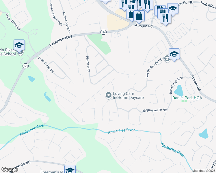 map of restaurants, bars, coffee shops, grocery stores, and more near 2620 Fort Apachee Trail in Dacula