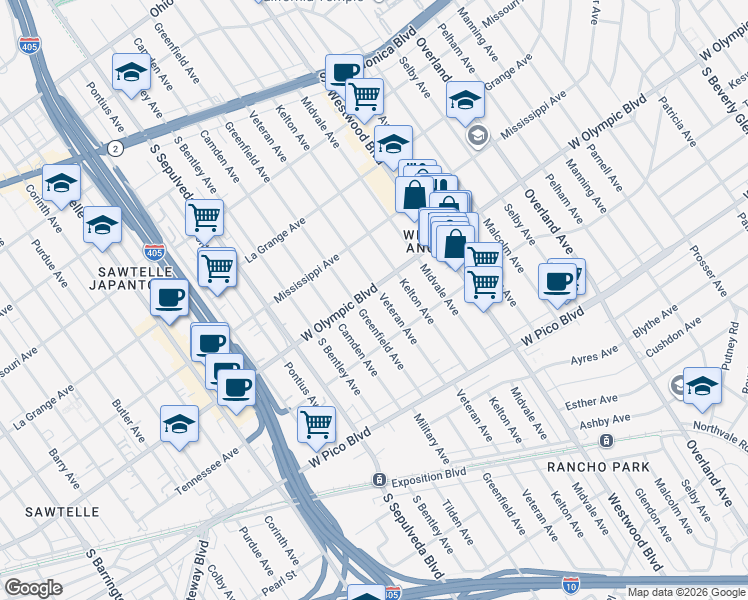 map of restaurants, bars, coffee shops, grocery stores, and more near 2207 Veteran Avenue in Los Angeles