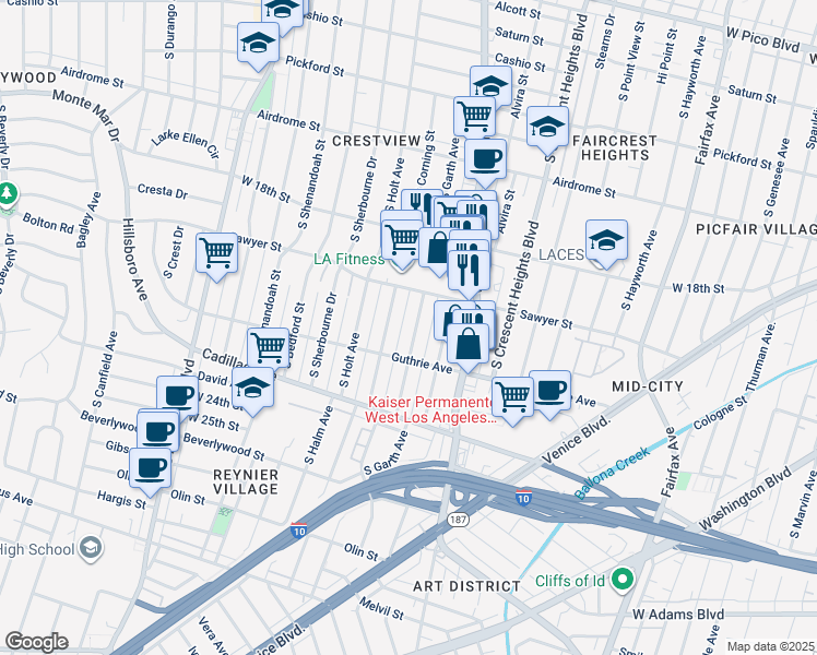 map of restaurants, bars, coffee shops, grocery stores, and more near 1916 South Garth Avenue in Los Angeles