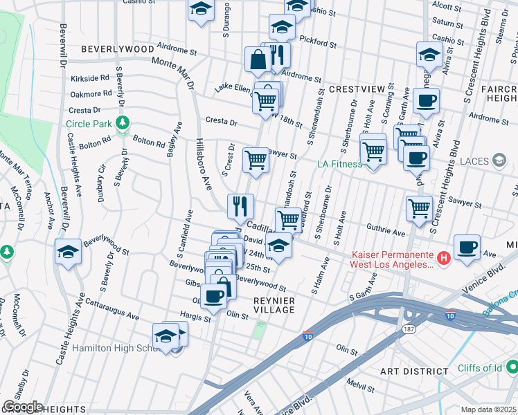 map of restaurants, bars, coffee shops, grocery stores, and more near 1957 Preuss Road in Los Angeles