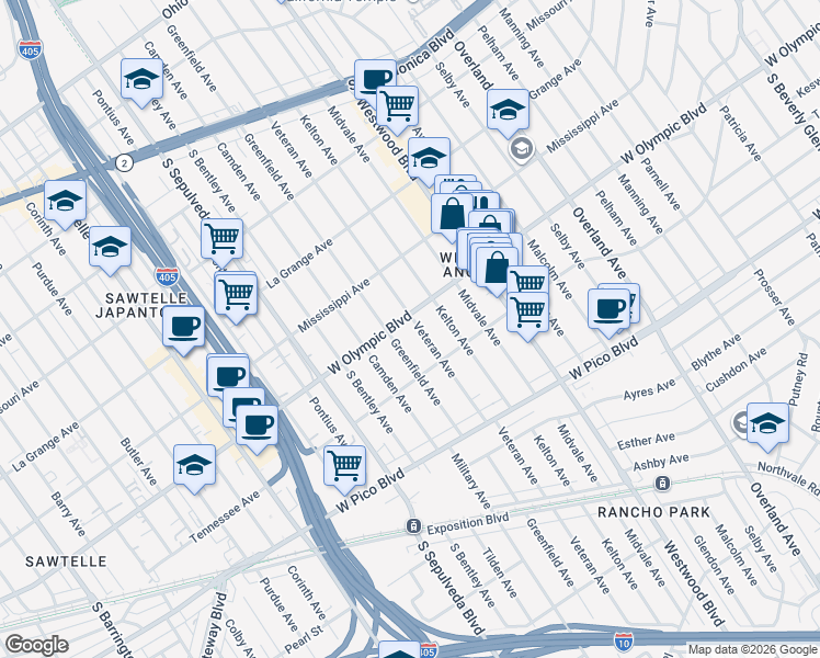 map of restaurants, bars, coffee shops, grocery stores, and more near 2207 Veteran Avenue in Los Angeles