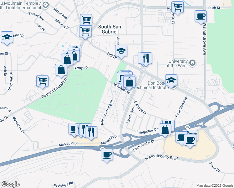 map of restaurants, bars, coffee shops, grocery stores, and more near 1826 Rainbow Terrace Lane in Montebello