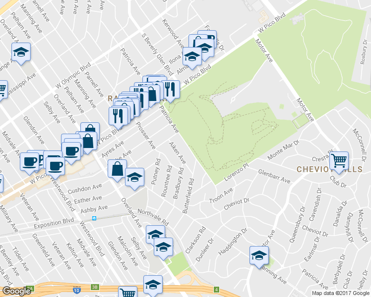 map of restaurants, bars, coffee shops, grocery stores, and more near 2543 Patricia Avenue in Los Angeles