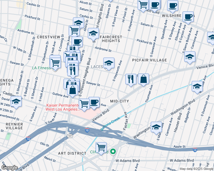 map of restaurants, bars, coffee shops, grocery stores, and more near 1856 Hi Point Street in Los Angeles