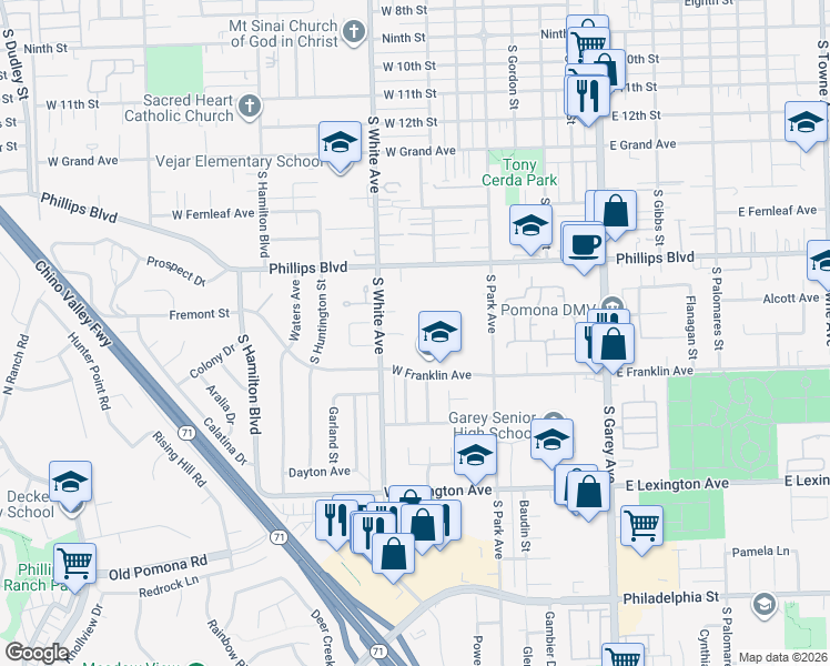 map of restaurants, bars, coffee shops, grocery stores, and more near in Pomona