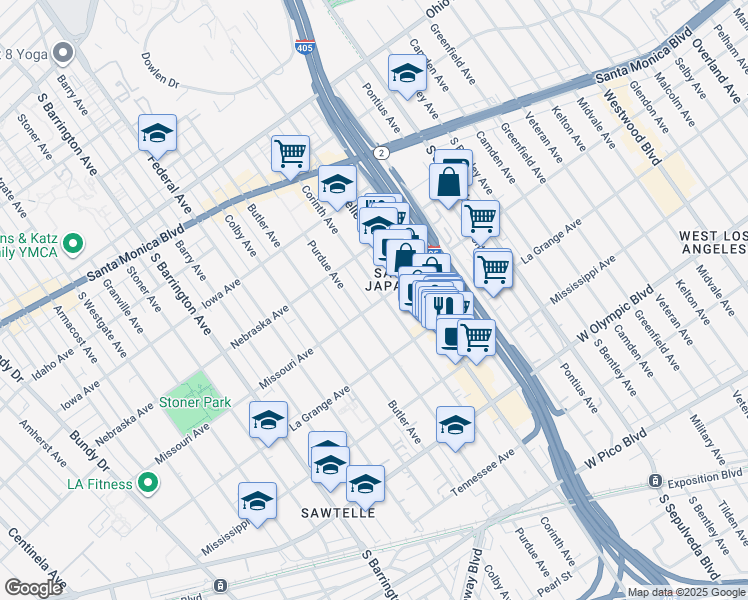map of restaurants, bars, coffee shops, grocery stores, and more near 11343 Missouri Avenue in Los Angeles