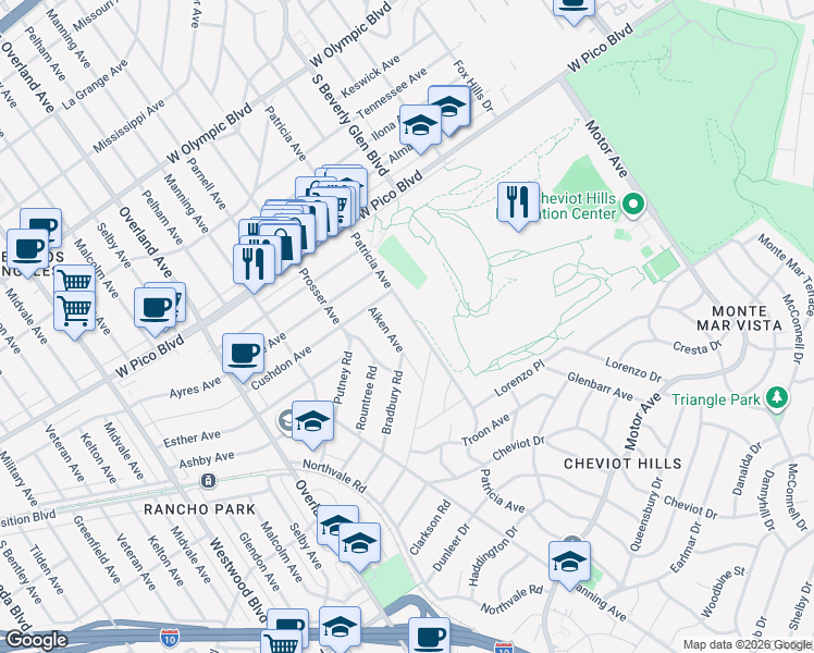 map of restaurants, bars, coffee shops, grocery stores, and more near 2543 Patricia Avenue in Los Angeles