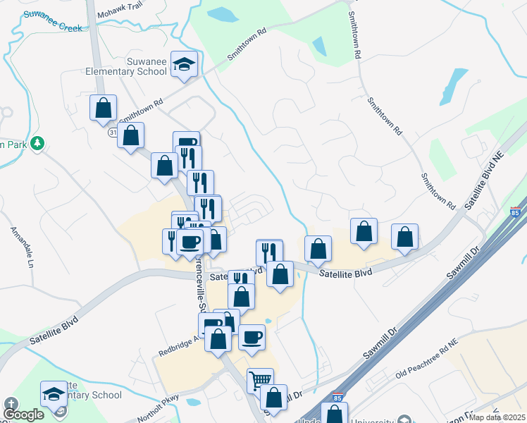 map of restaurants, bars, coffee shops, grocery stores, and more near 167 Gilliflower Park in Suwanee
