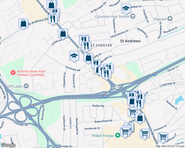 map of restaurants, bars, coffee shops, grocery stores, and more near 1311 Old Manor Road in Columbia