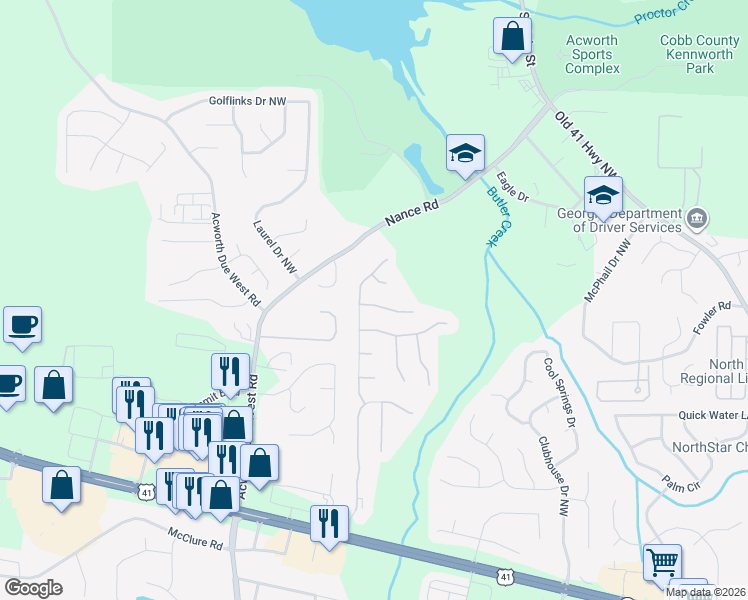 map of restaurants, bars, coffee shops, grocery stores, and more near 372 Darter Point Northwest in Kennesaw