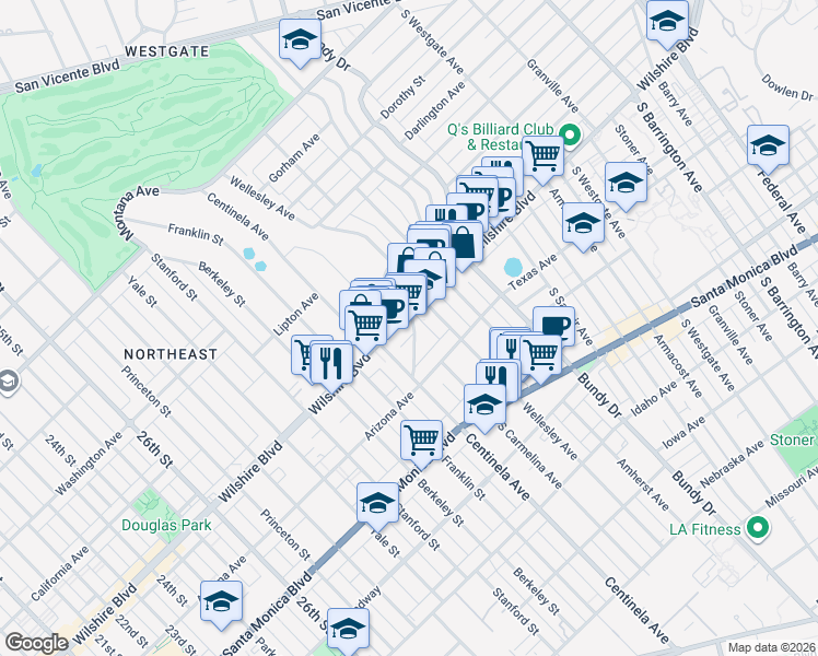 map of restaurants, bars, coffee shops, grocery stores, and more near 12400 Wilshire Boulevard in Los Angeles