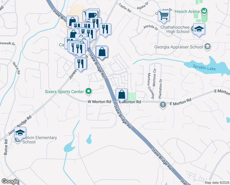 map of restaurants, bars, coffee shops, grocery stores, and more near 10650 Allon Cove in Alpharetta