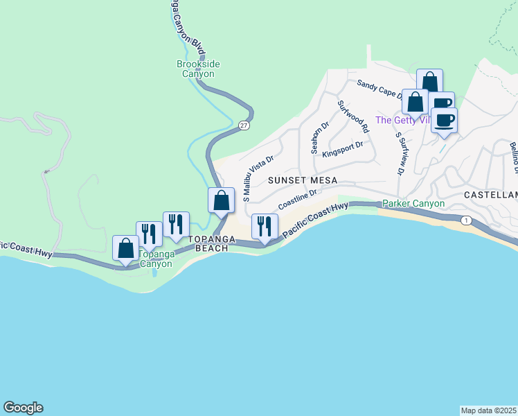 map of restaurants, bars, coffee shops, grocery stores, and more near 18419 Wakecrest Drive in Malibu