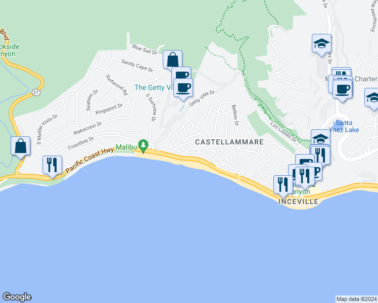 map of restaurants, bars, coffee shops, grocery stores, and more near 17856 Porto Marina Way in Los Angeles