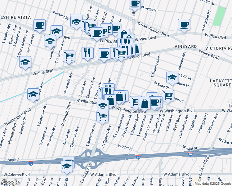 map of restaurants, bars, coffee shops, grocery stores, and more near 4953 Pickford Street in Los Angeles