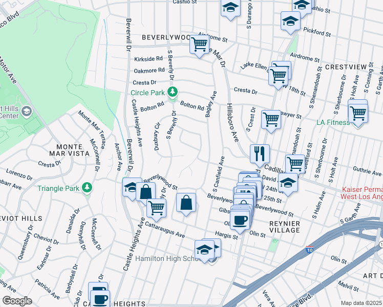 map of restaurants, bars, coffee shops, grocery stores, and more near 2262 Guthrie Circle in Los Angeles