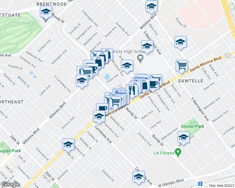 map of restaurants, bars, coffee shops, grocery stores, and more near 12000 Rochester Avenue in Los Angeles