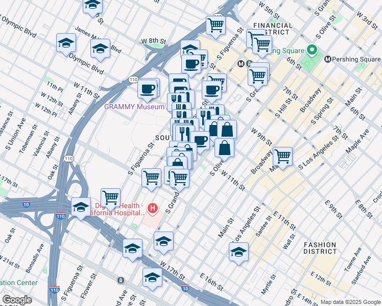 map of restaurants, bars, coffee shops, grocery stores, and more near 1091 South Hope Street in Los Angeles