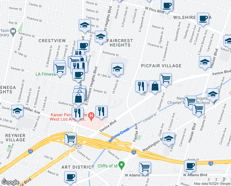 map of restaurants, bars, coffee shops, grocery stores, and more near 1856 Hi Point Street in Los Angeles