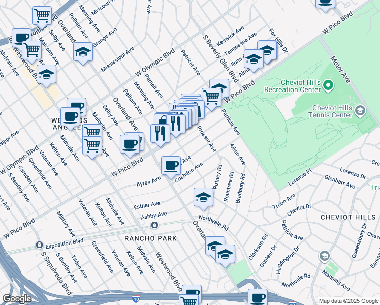 map of restaurants, bars, coffee shops, grocery stores, and more near 10587 Ayres Avenue in Los Angeles
