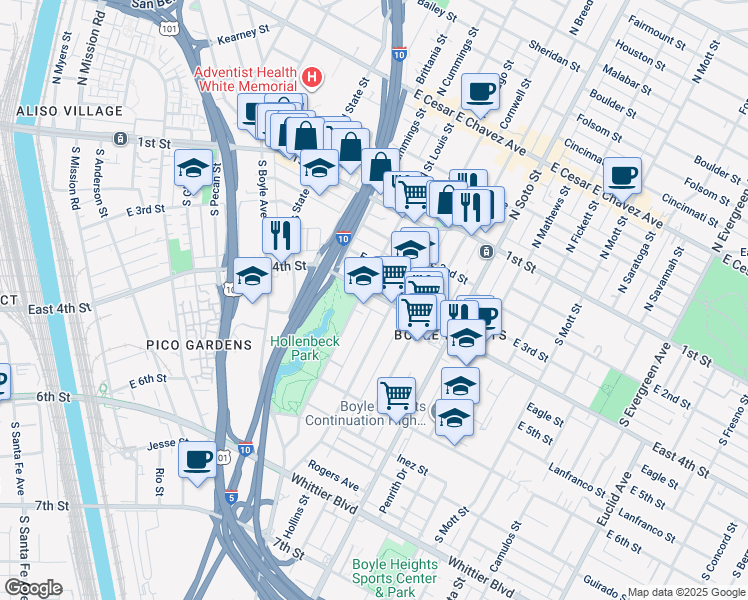 map of restaurants, bars, coffee shops, grocery stores, and more near 2114 East 4th Street in Los Angeles
