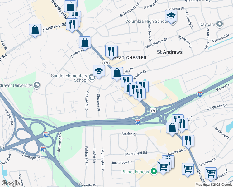 map of restaurants, bars, coffee shops, grocery stores, and more near 2605 Seminole Road in Columbia