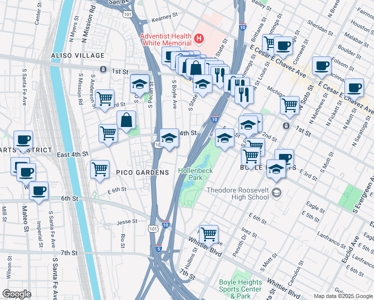 map of restaurants, bars, coffee shops, grocery stores, and more near 443 South State Street in Los Angeles