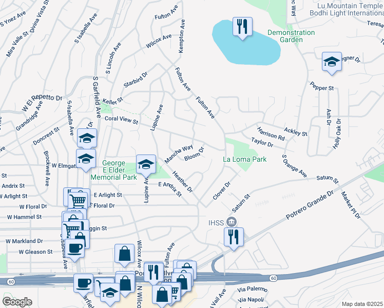 map of restaurants, bars, coffee shops, grocery stores, and more near 1912 Mancha Way in Monterey Park
