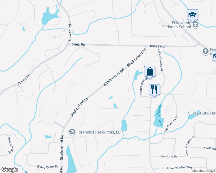 map of restaurants, bars, coffee shops, grocery stores, and more near 10765 Shallowford Road in Roswell
