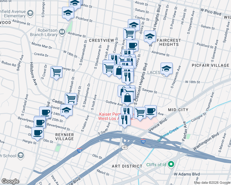 map of restaurants, bars, coffee shops, grocery stores, and more near 1916 South Garth Avenue in Los Angeles
