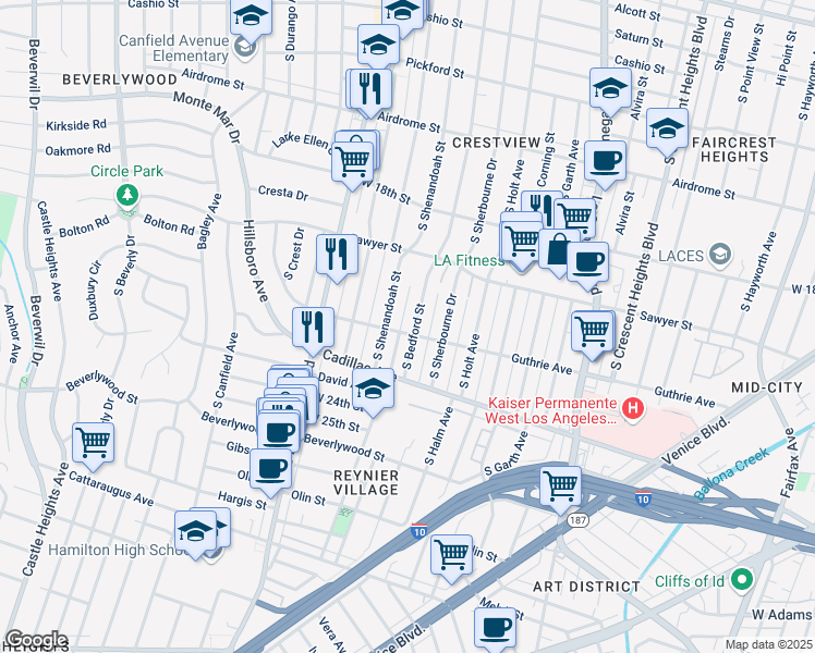 map of restaurants, bars, coffee shops, grocery stores, and more near 1954 South Shenandoah Street in Los Angeles