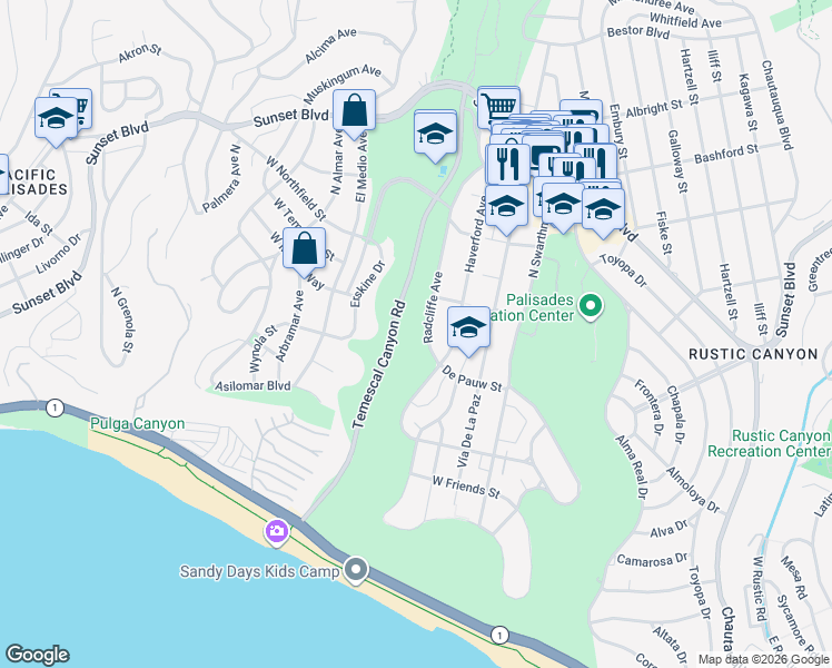 map of restaurants, bars, coffee shops, grocery stores, and more near 633 Radcliffe Avenue in Los Angeles