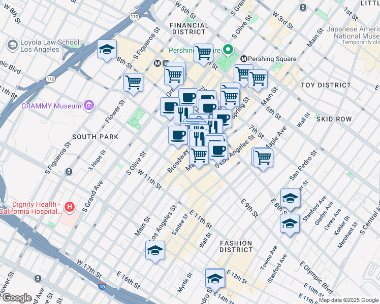 map of restaurants, bars, coffee shops, grocery stores, and more near 910 South Broadway in Los Angeles
