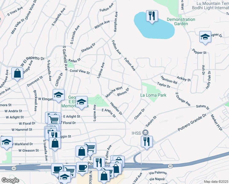 map of restaurants, bars, coffee shops, grocery stores, and more near 1969 Mancha Way in Monterey Park