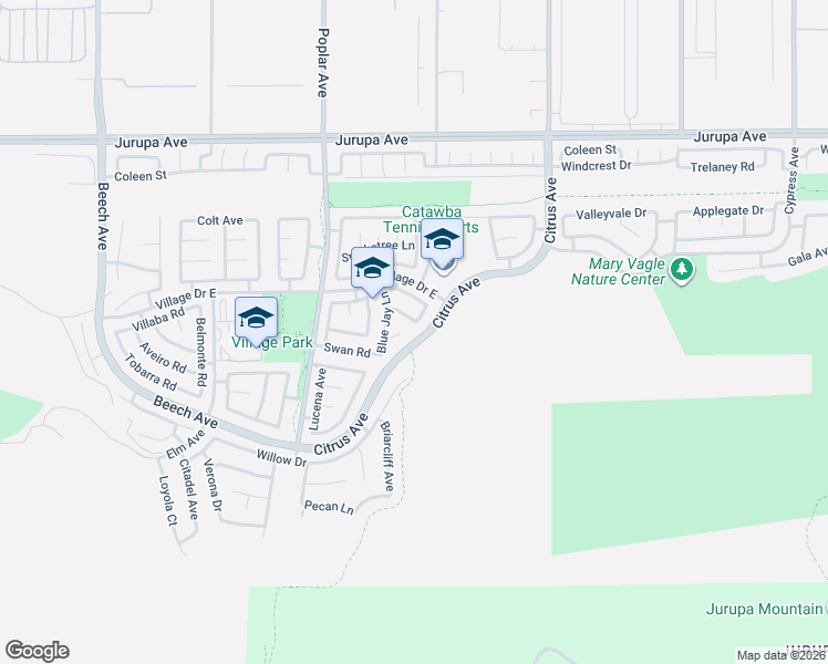 map of restaurants, bars, coffee shops, grocery stores, and more near 15877 Sparrow Drive in Fontana