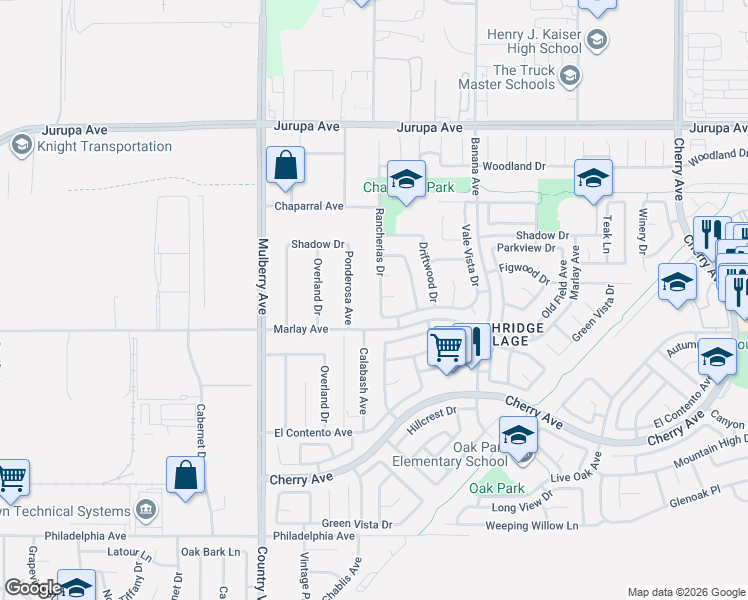 map of restaurants, bars, coffee shops, grocery stores, and more near 11606 Rancherias Drive in Fontana