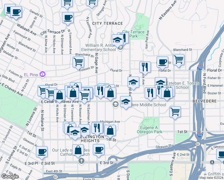 map of restaurants, bars, coffee shops, grocery stores, and more near 3905 East Hammel Street in Los Angeles