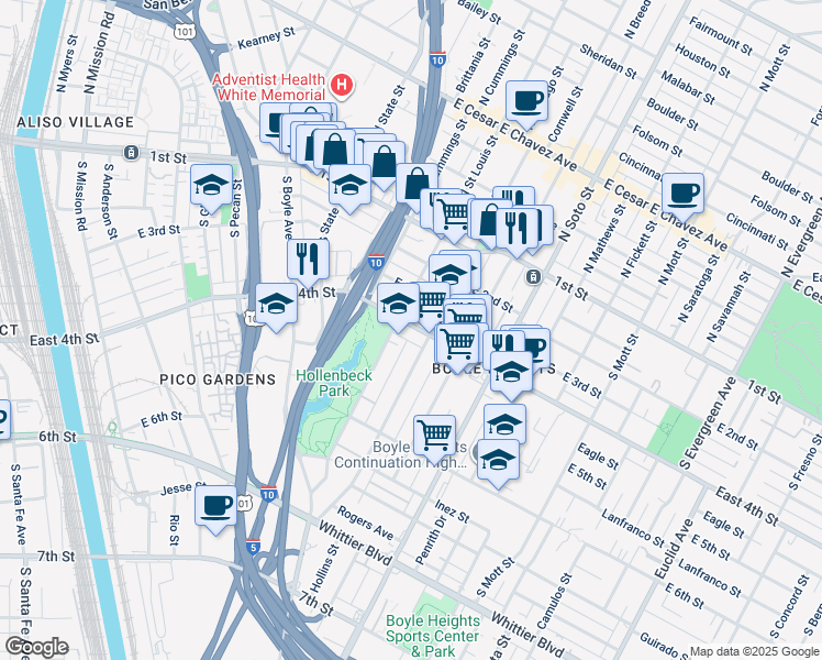 map of restaurants, bars, coffee shops, grocery stores, and more near 2107 East 4th Street in Los Angeles
