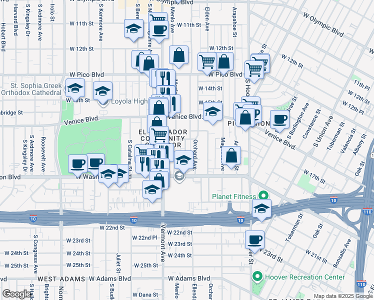 map of restaurants, bars, coffee shops, grocery stores, and more near 1723 West 17th Place in Los Angeles
