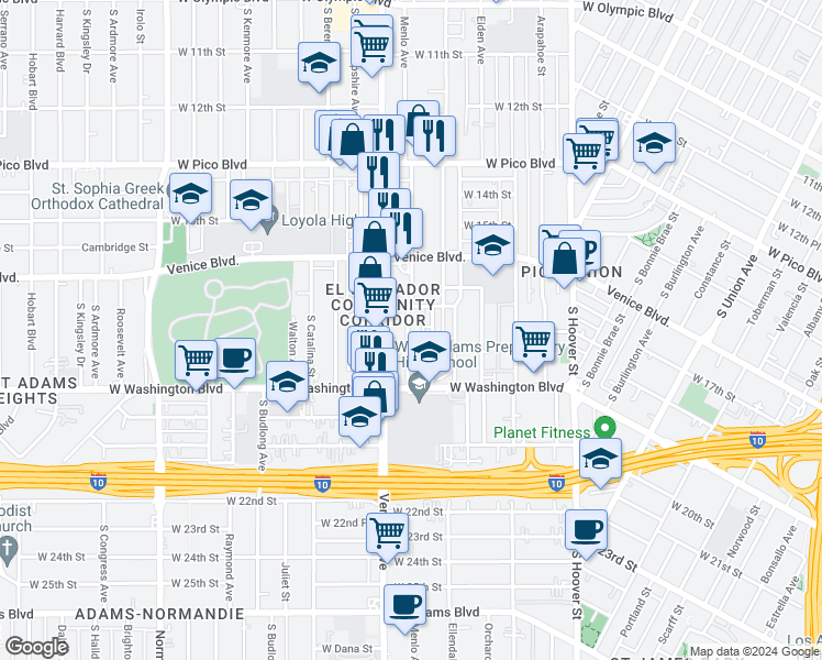 map of restaurants, bars, coffee shops, grocery stores, and more near 1723 West 17th Place in Los Angeles