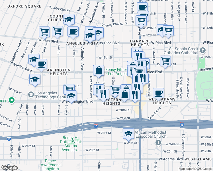 map of restaurants, bars, coffee shops, grocery stores, and more near 1634 South Wilton Place in Los Angeles