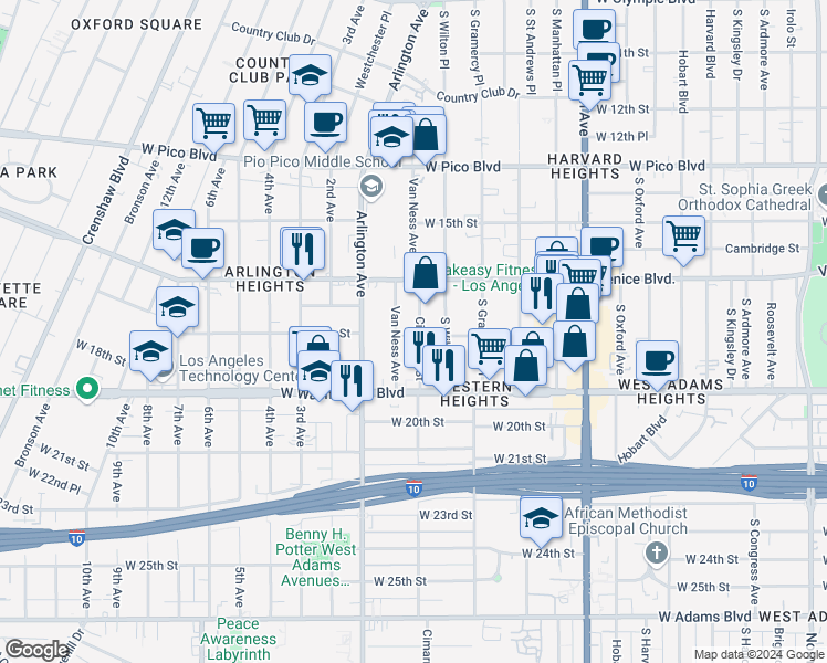 map of restaurants, bars, coffee shops, grocery stores, and more near 1631 Cimarron Street in Los Angeles