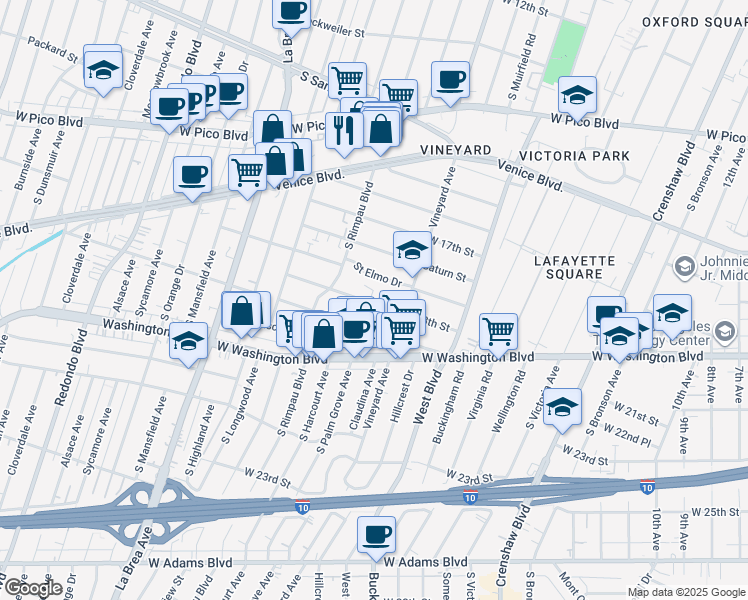 map of restaurants, bars, coffee shops, grocery stores, and more near 4710 Saint Elmo Drive in Los Angeles