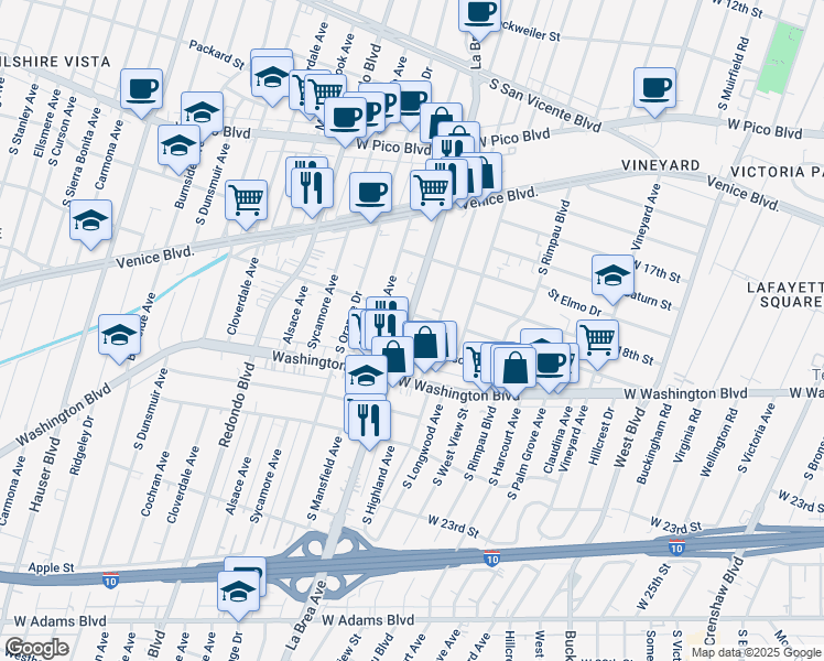 map of restaurants, bars, coffee shops, grocery stores, and more near 4953 Pickford Street in Los Angeles