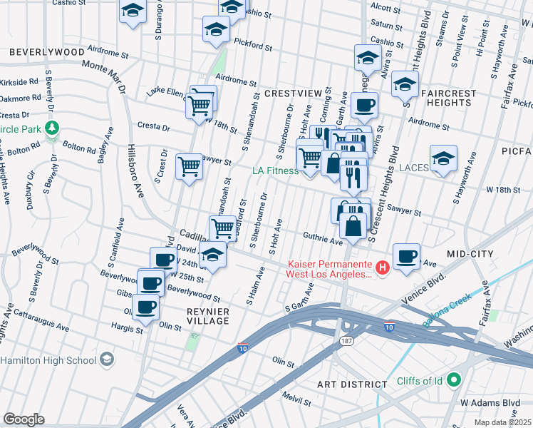map of restaurants, bars, coffee shops, grocery stores, and more near 1935 South Holt Avenue in Los Angeles