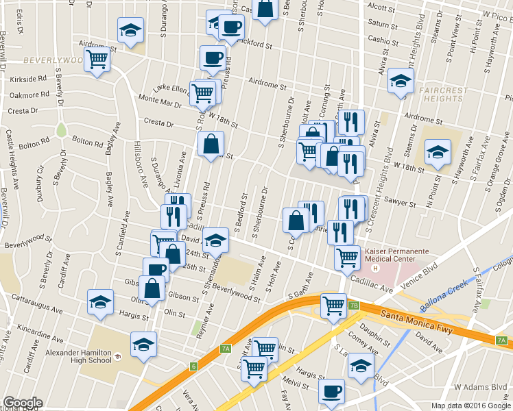 map of restaurants, bars, coffee shops, grocery stores, and more near 1946 South Bedford Street in Los Angeles
