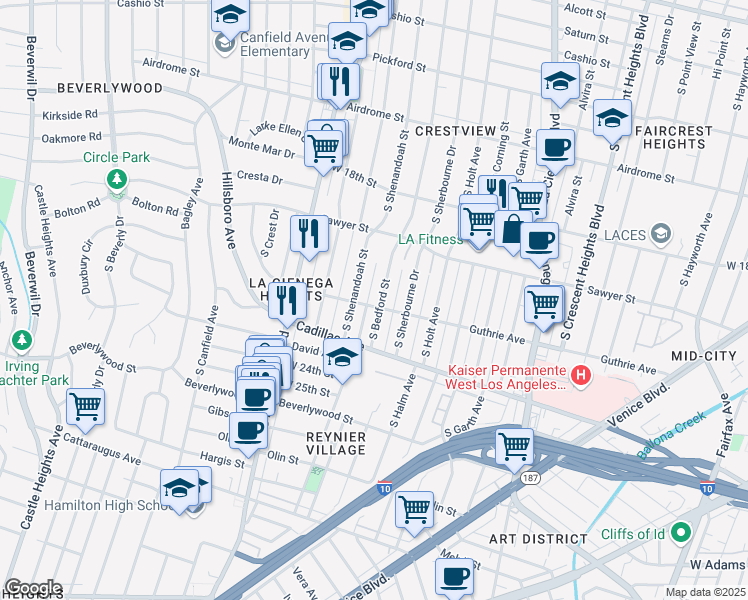 map of restaurants, bars, coffee shops, grocery stores, and more near 1954 South Shenandoah Street in Los Angeles